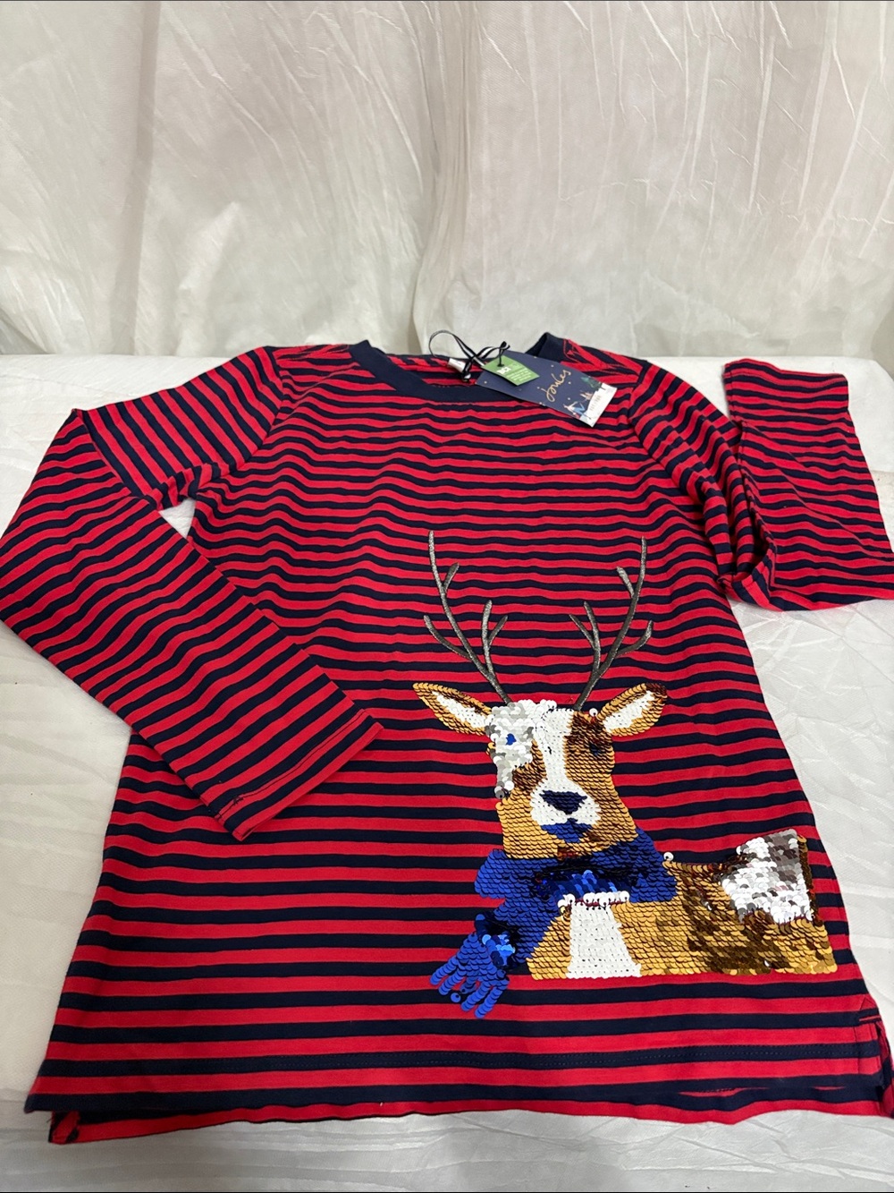 Joules Girls Stripe Sequin Reindeer Top size 10 NWT